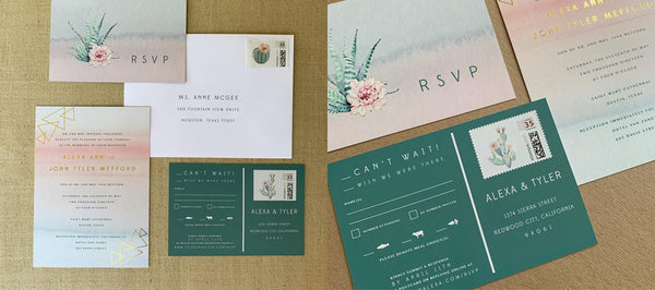 Gold Foil and Digital Watercolor Wedding Invitation and Postcard